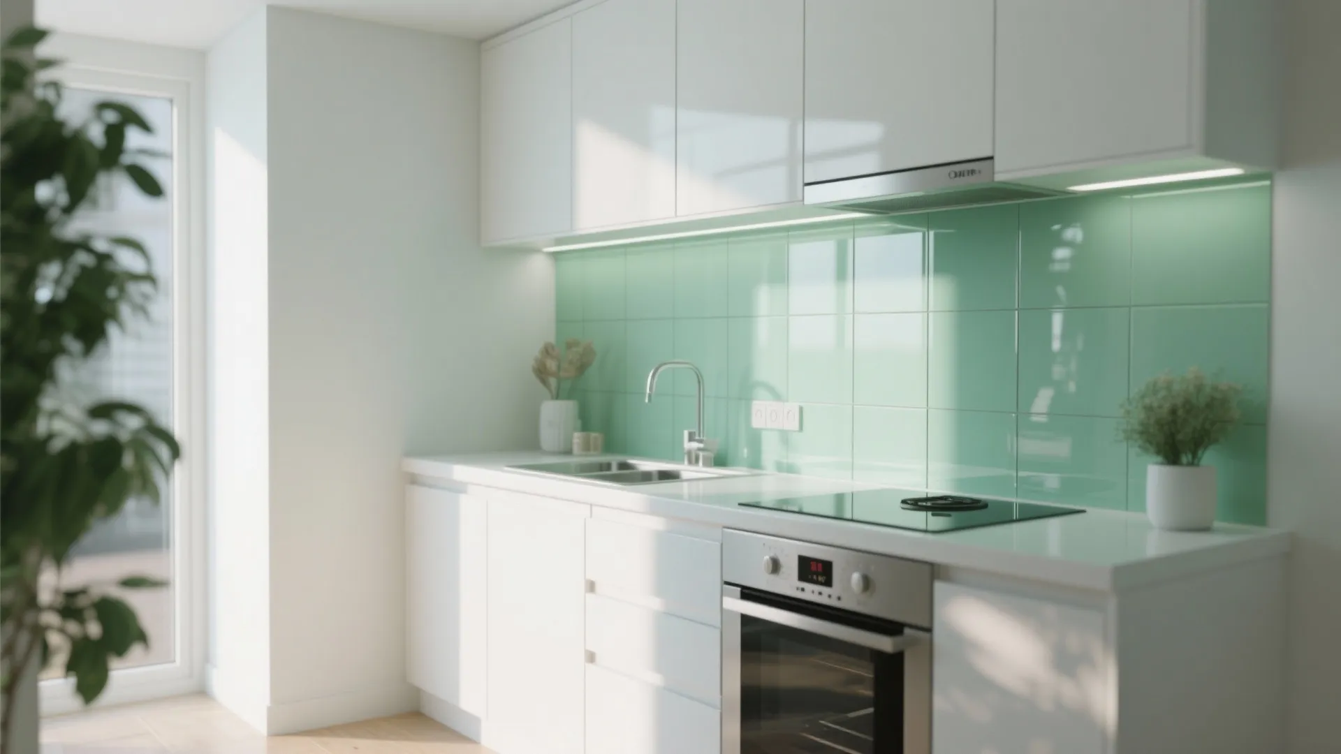 Bright kitchen with white cabinets light green glass wall tiles oven sink and natural light