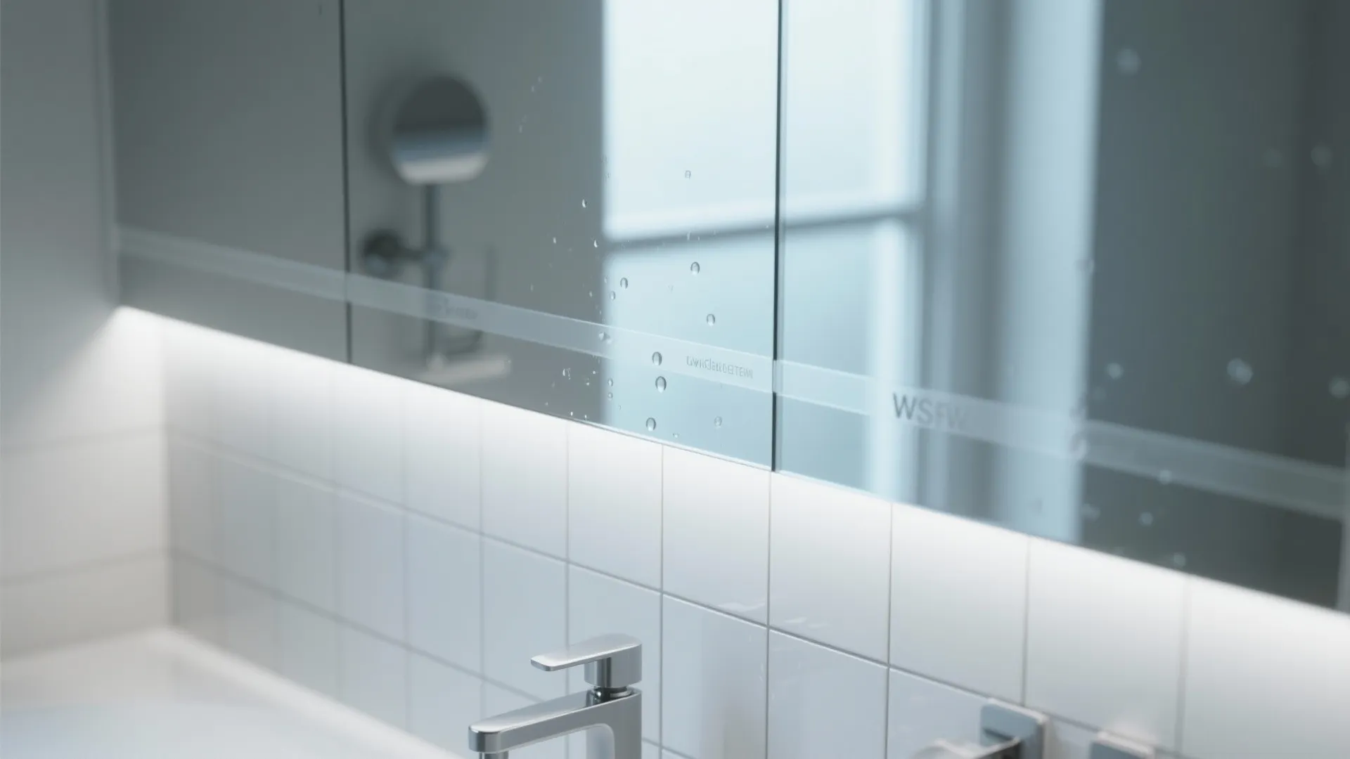 Close up of bathroom mirror with water drops white wall tiles and chrome silver faucet