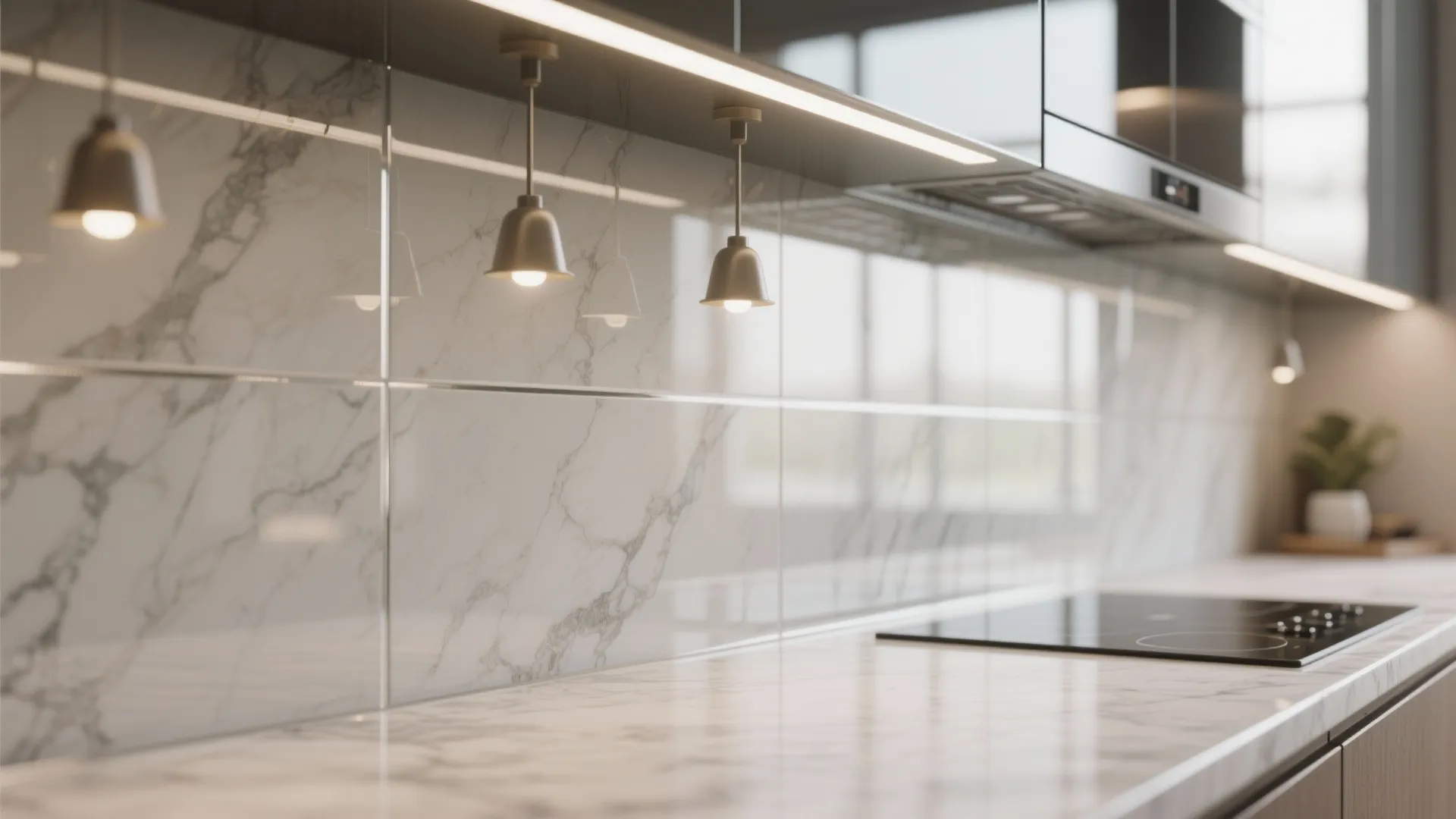Glass backsplash for an airy, reflective look