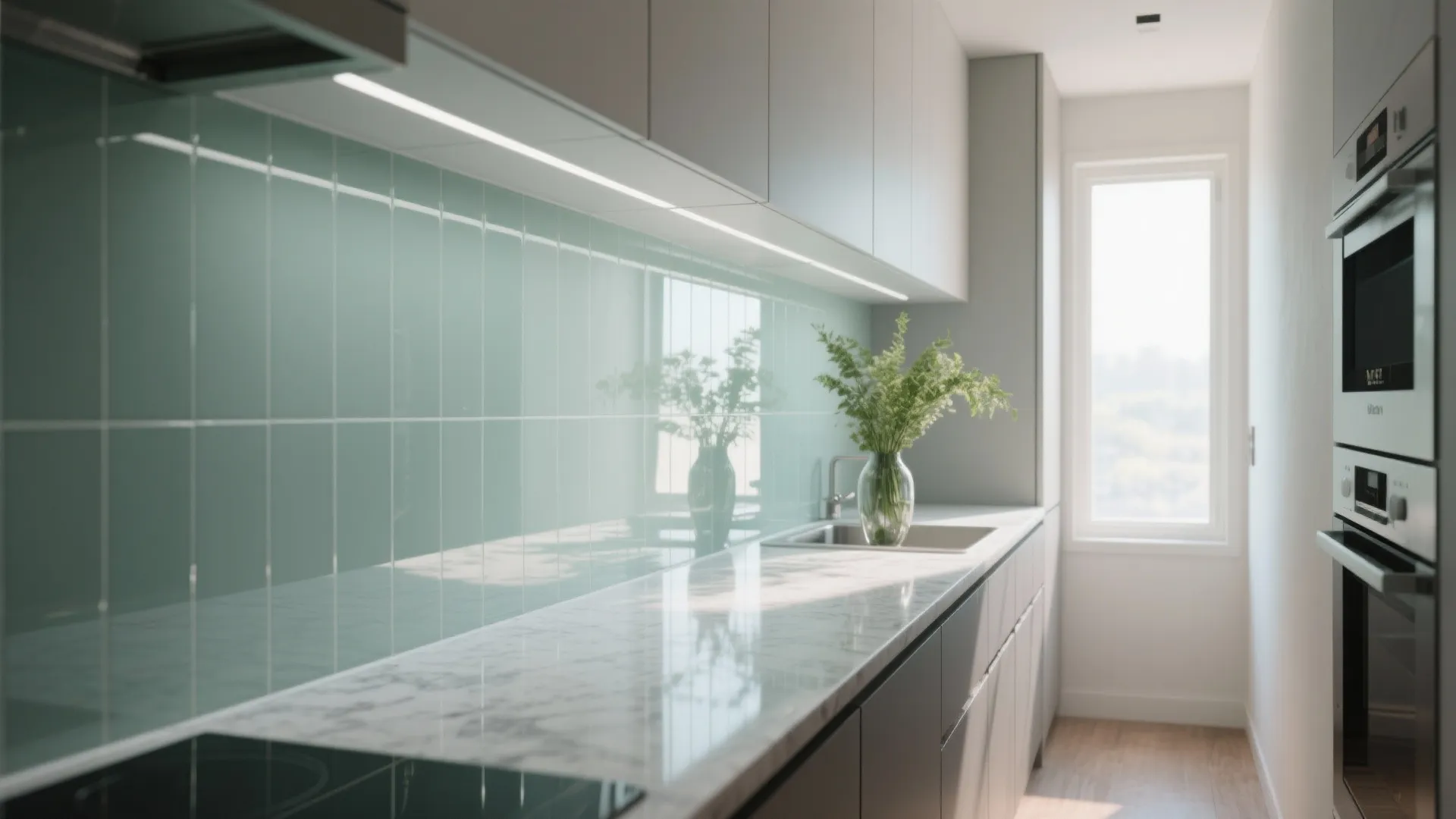Glass backsplash for a brighter, open feel
