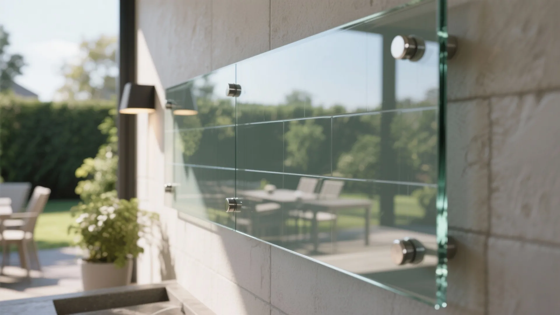 Glass panel mounted on a stone wall with metal fixings reflecting an outdoor patio scene