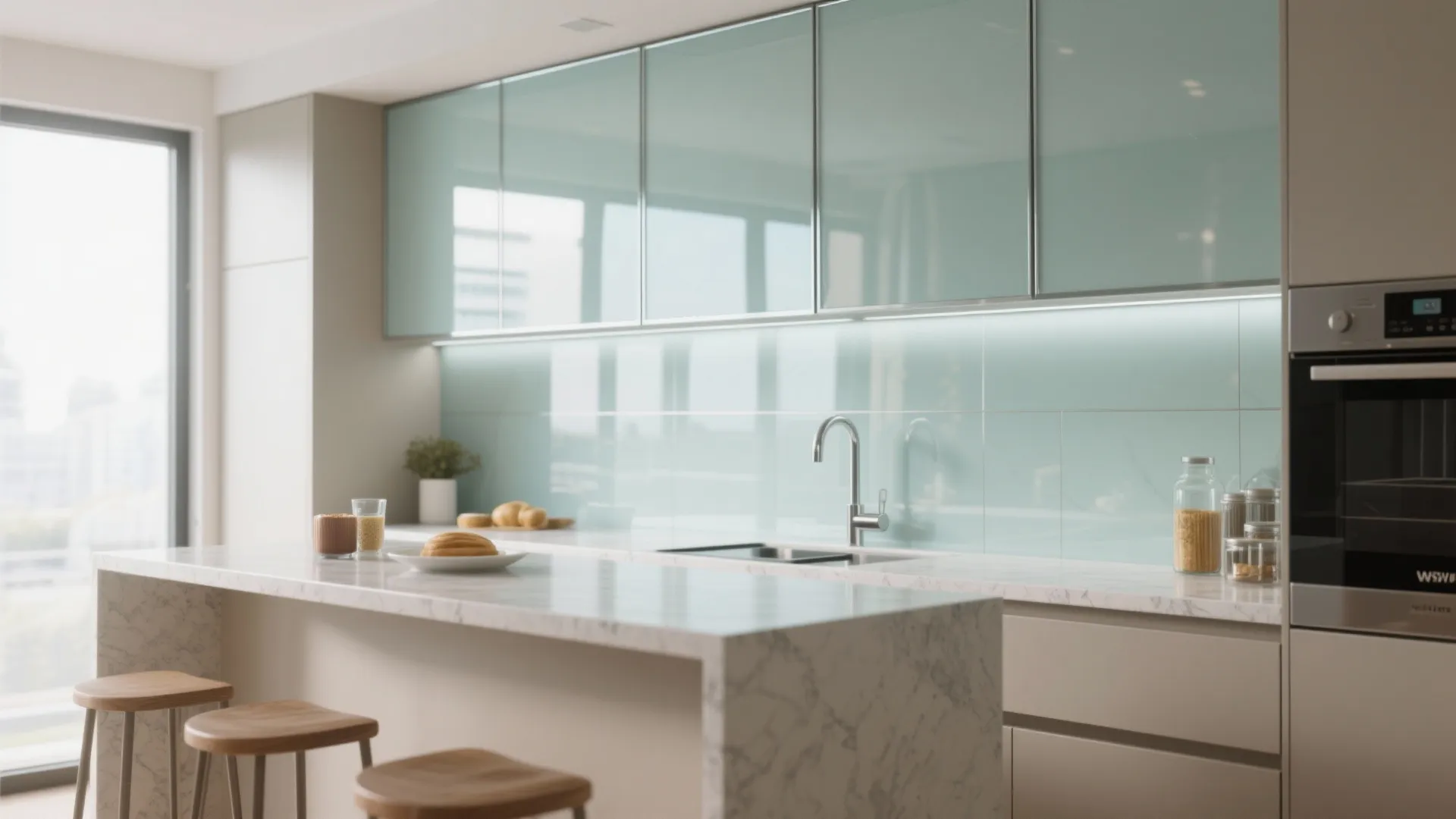 3. Glass backsplash and mirrored panels to increase openness
