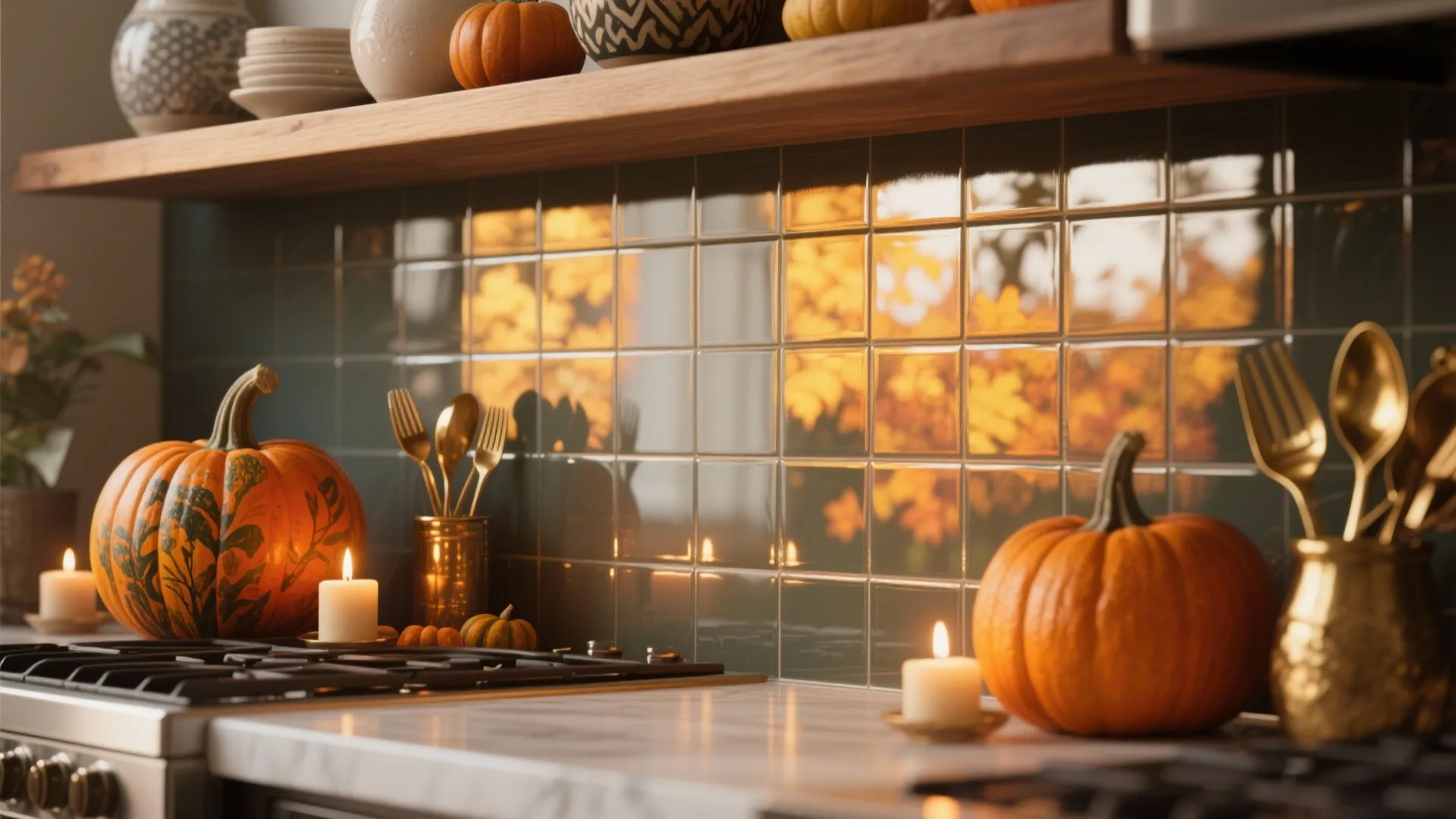 Glass backsplash to amplify autumn light