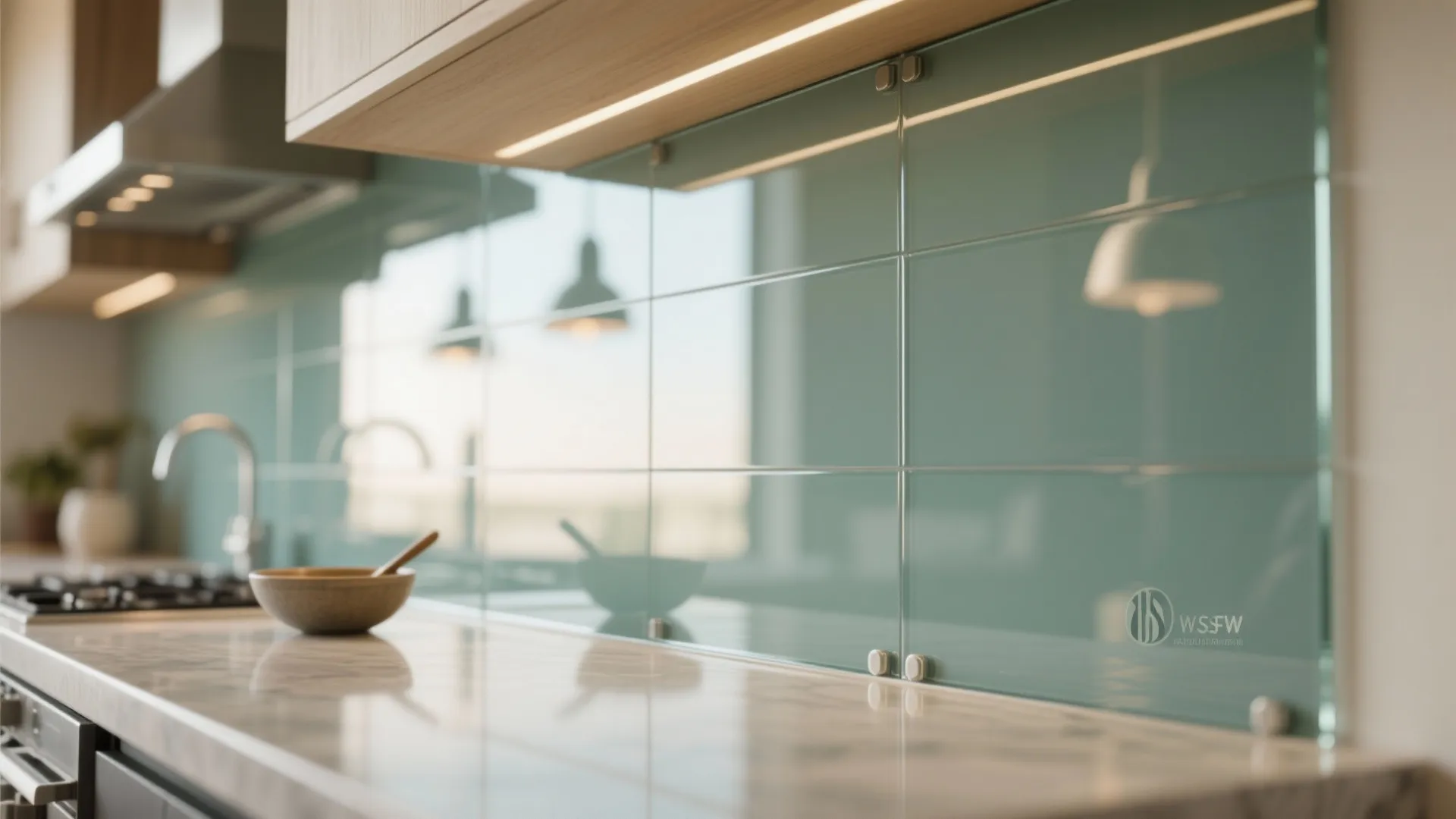 Modern kitchen with green glass wall panel marble countertop wooden cabinet and integrated light fixture