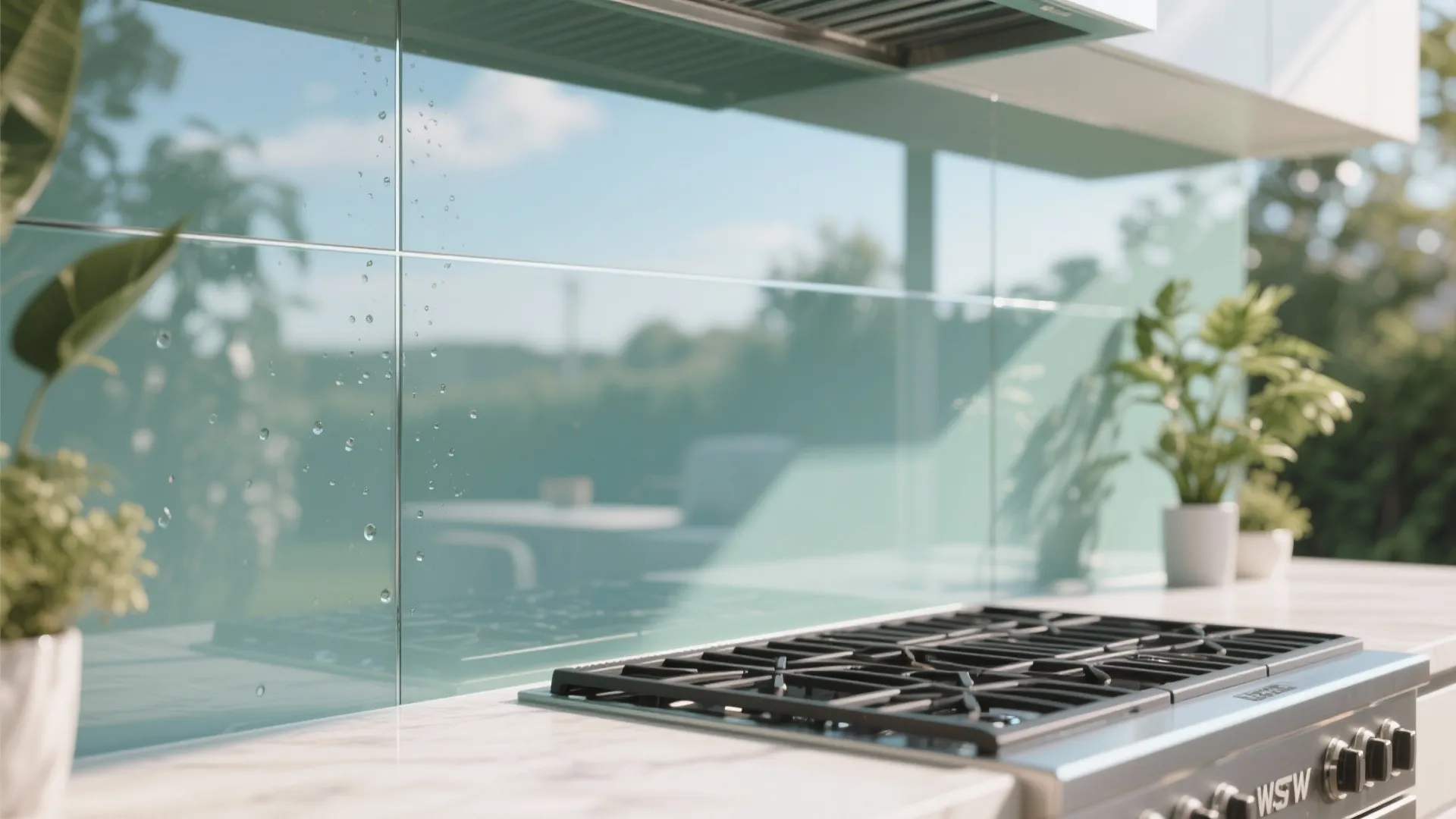 Modern outdoor kitchen with blue glass wall tiles behind a gas stove and potted plants