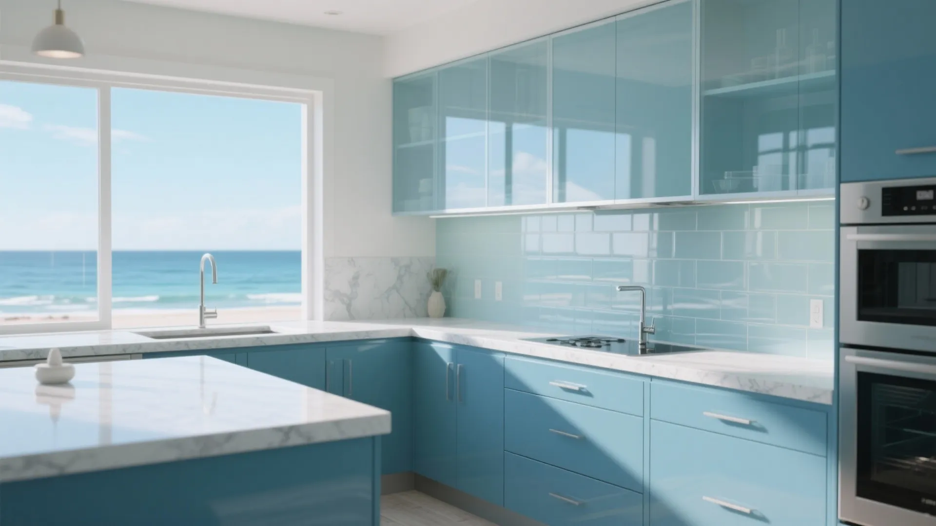 Kitchen with mid-tone blue cabinets and a clear glass backsplash amplifying natural light.