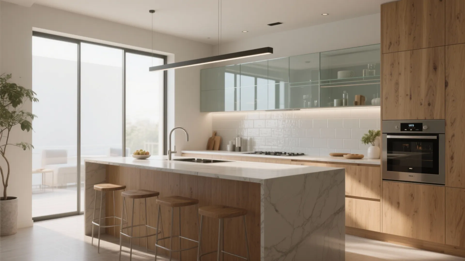 Open kitchen with an island and glass backsplash, L-shaped layout improving circulation and visual openness.