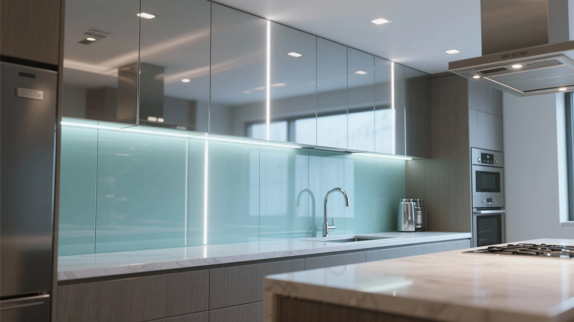 Glass backsplash and elevated visual depth