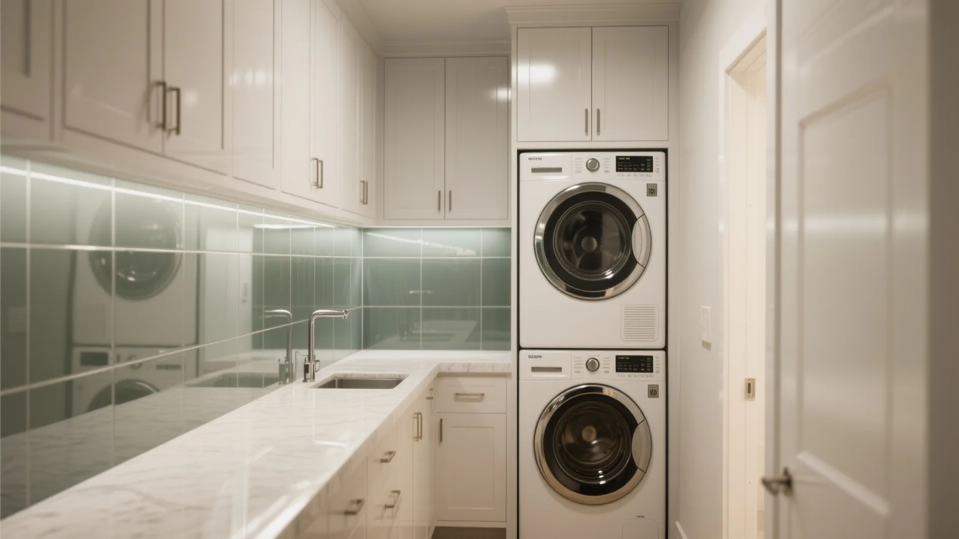 Modern laundry room with white cabinets and green glass wall tiles behind a marble countertop