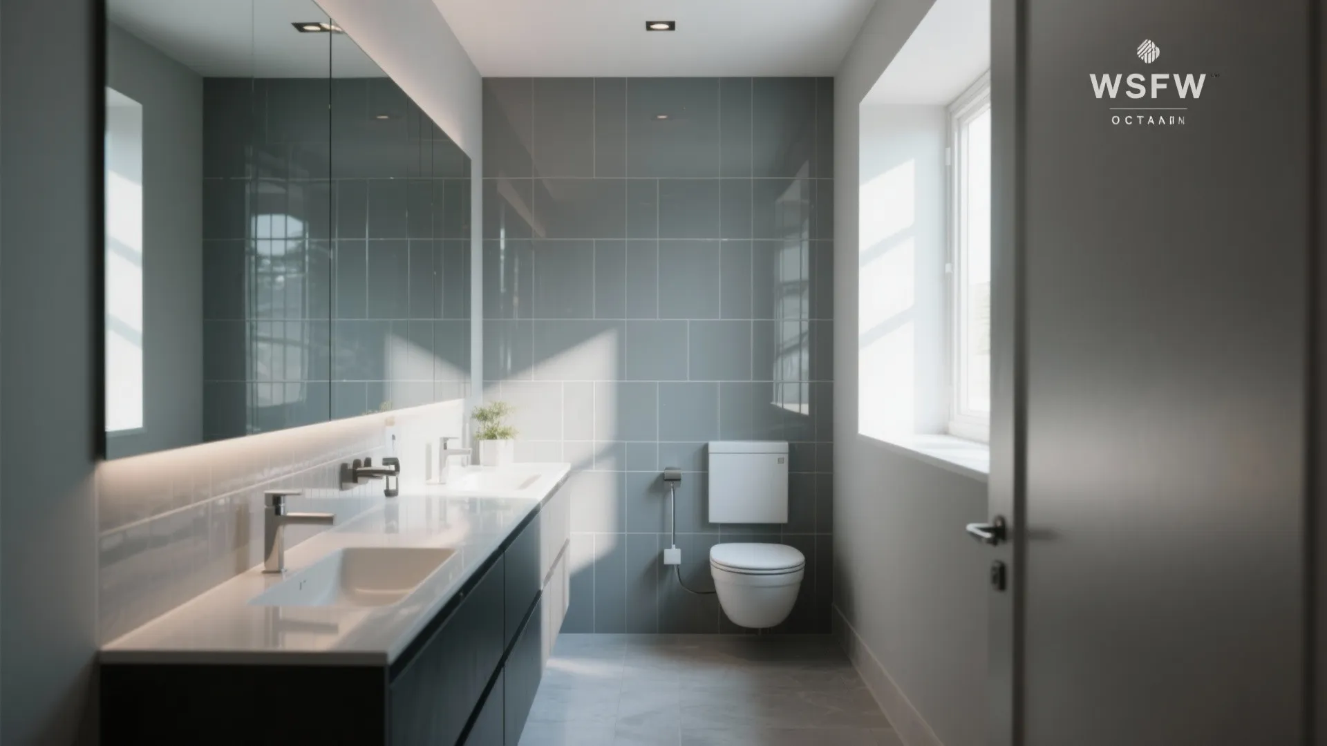 Narrow bathroom with a muted grey back-painted glass backsplash reflecting light and dark cabinetry.