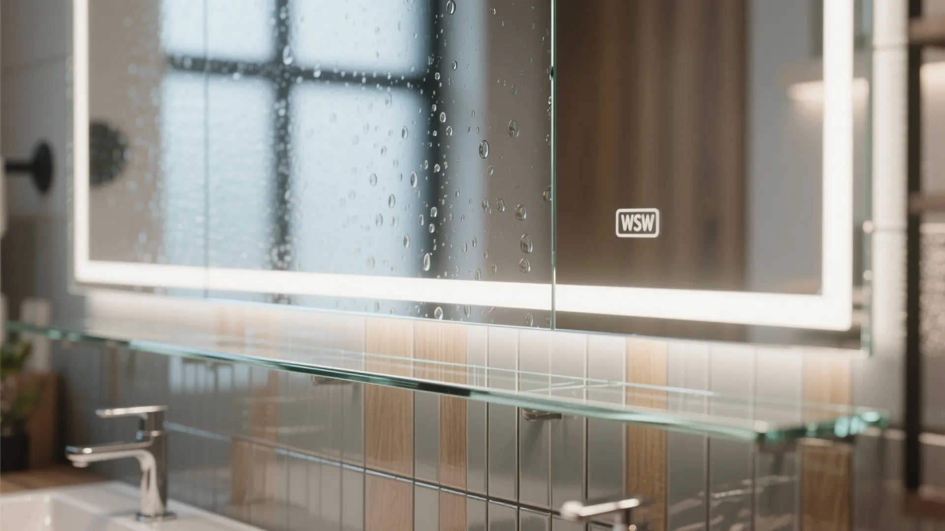 Macro view of a glossy tempered glass backsplash reflecting LED mirror light and wood accents.