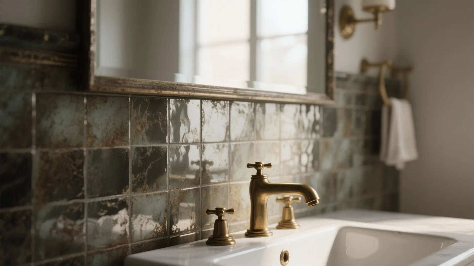 Modern bathroom sink area with gold faucet shiny dark tiles large mirror and white towel