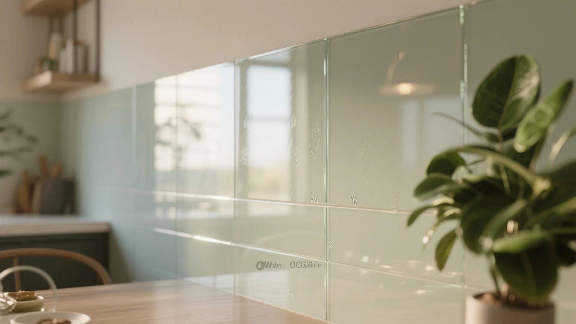 Close up of glossy green wall tiles in kitchen with wooden table and green plant