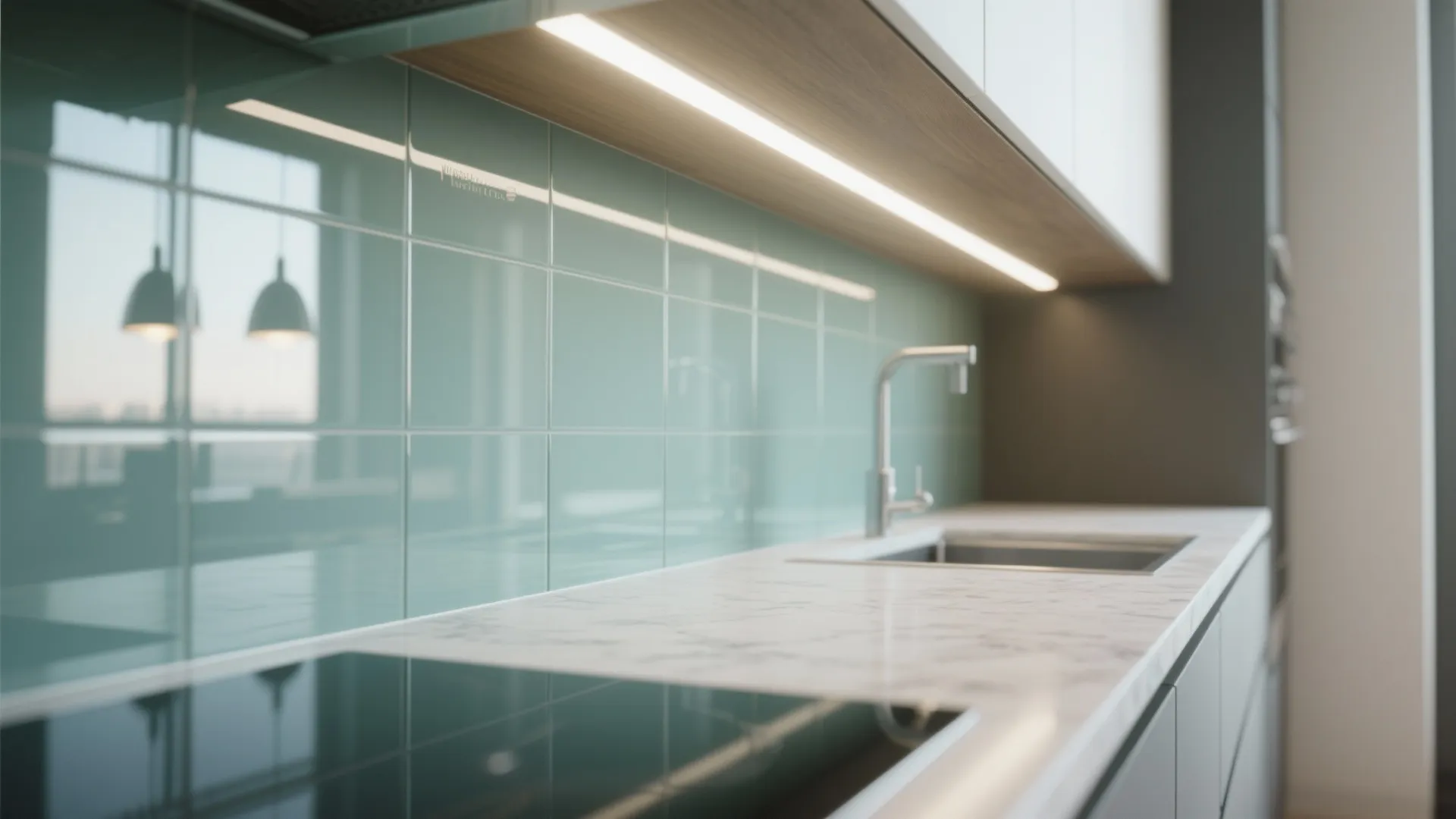 3. Glass backsplash and strategic lighting for openness