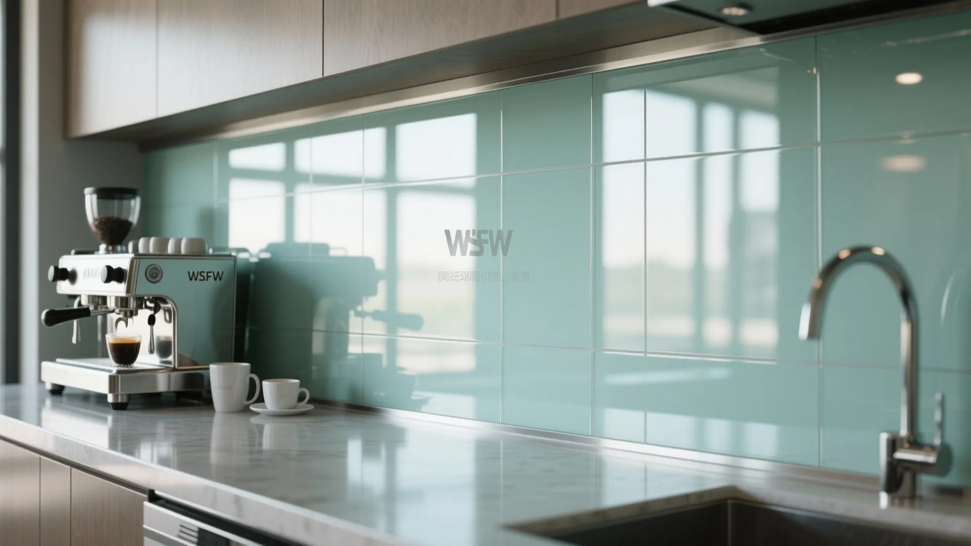 Light blue tiled kitchen wall behind marble countertop with espresso machine sink and modern silver faucet