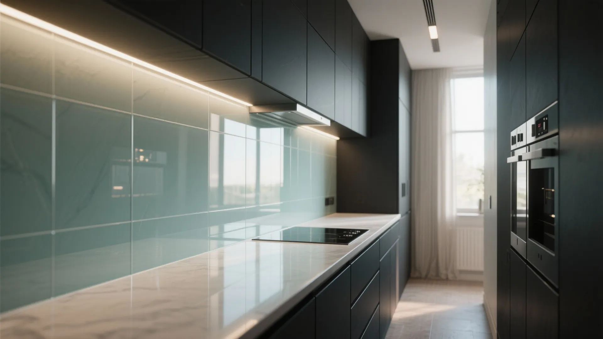 Minimalist kitchen with green glass tile wall black cabinets white marble countertop and black oven