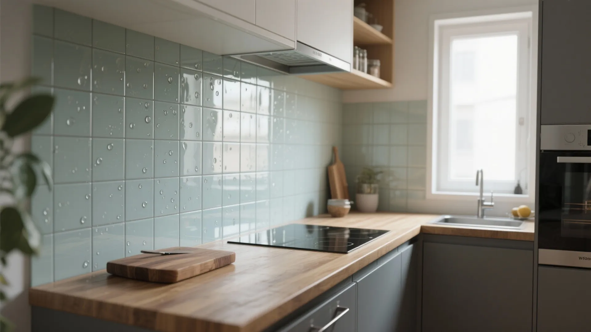 Modern kitchen with light green square wall tiles wooden counter top silver sink and white windows