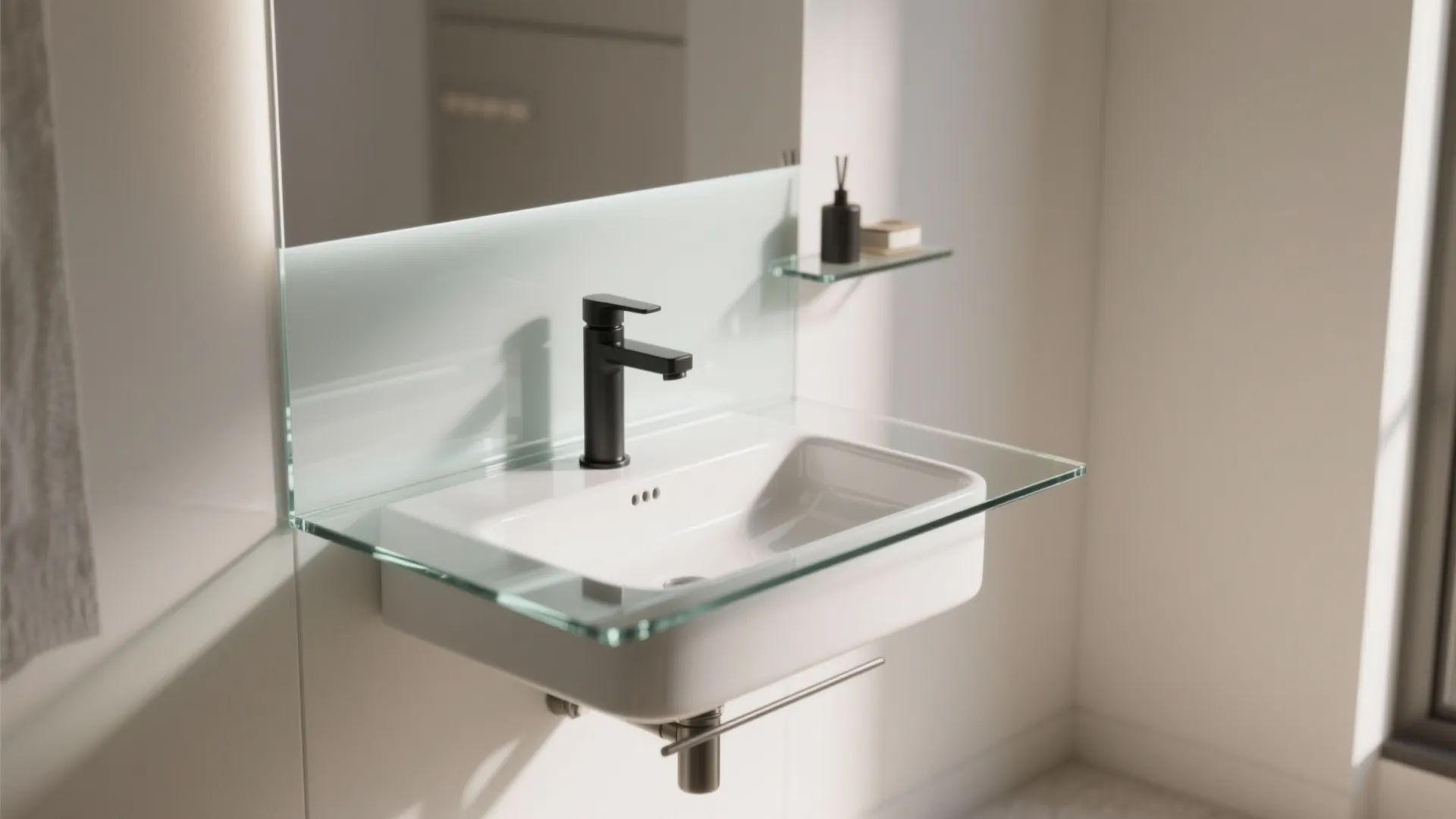 Glass backsplash to amplify light around the basin