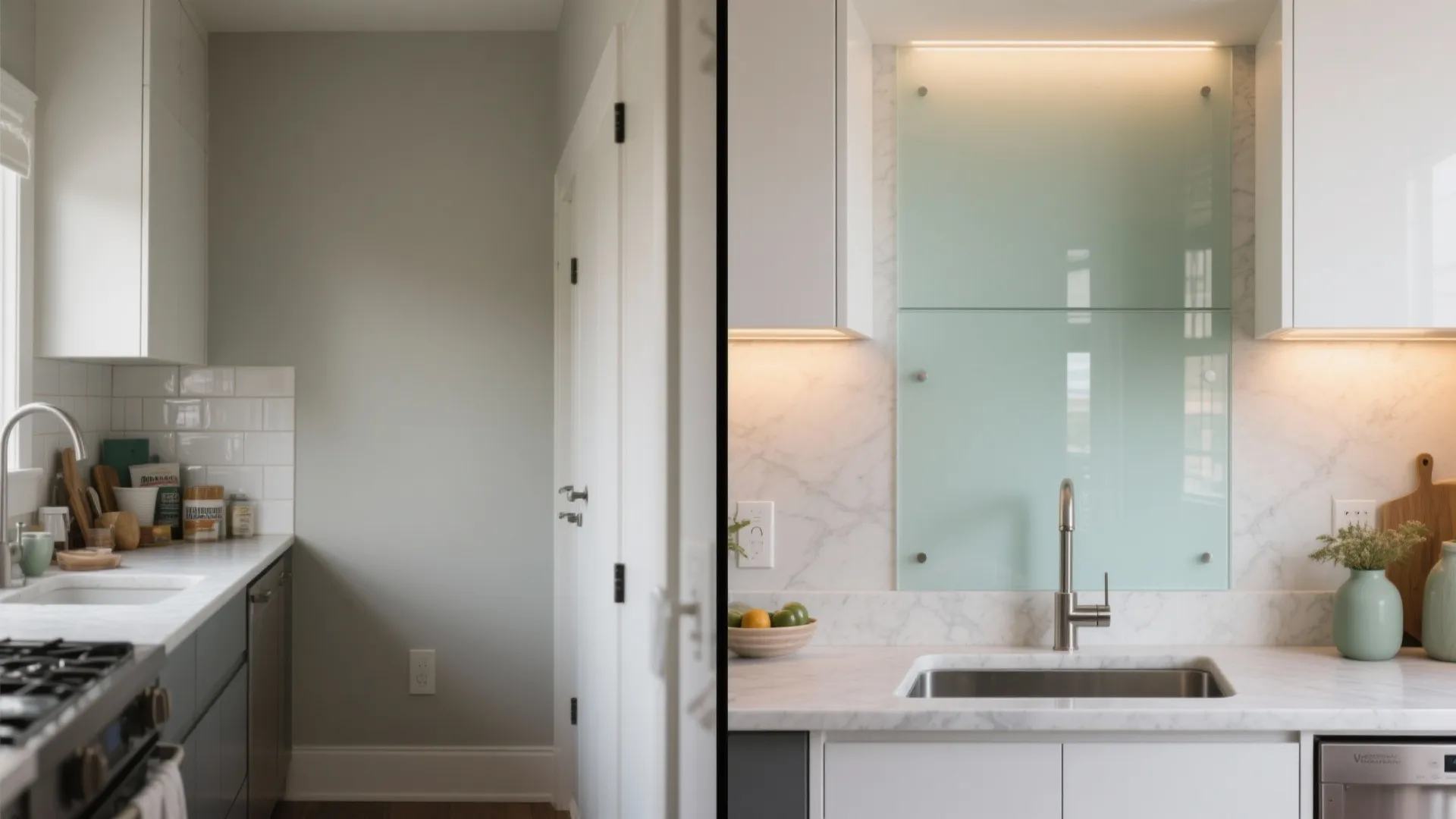 Before and after comparison showing a plain kitchen wall replaced with a mint green glass backsplash