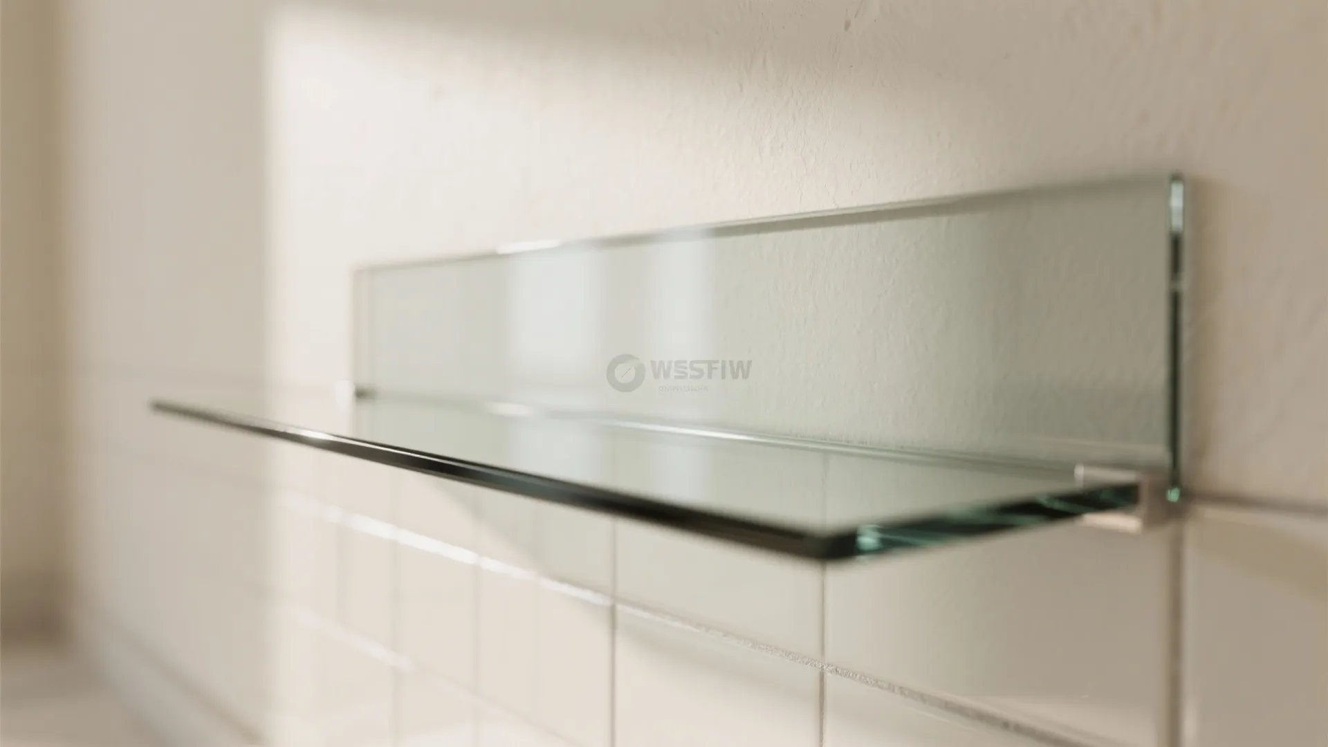Modern glass shelf mounted on a white tiled wall with clean lines and soft lighting