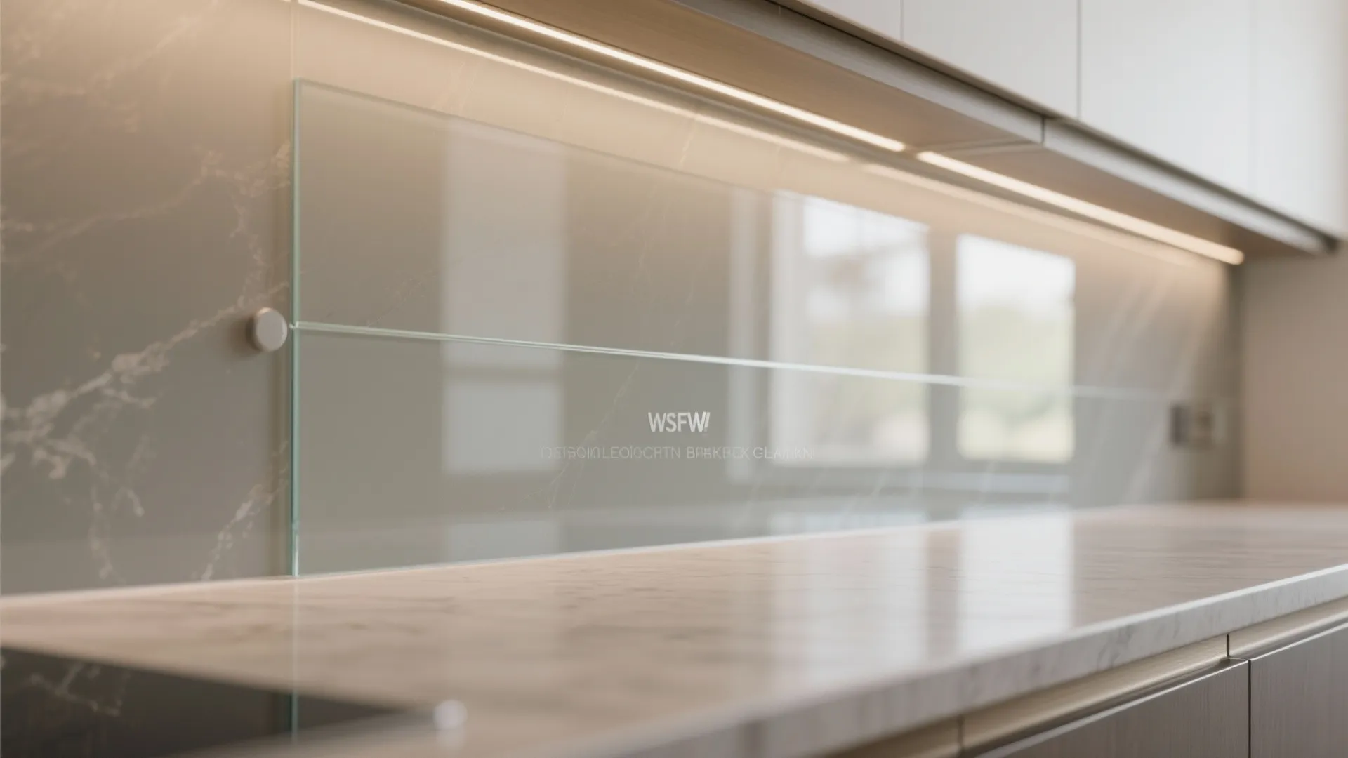 Close up of transparent glass wall panel on marble countertop with warm strip light above