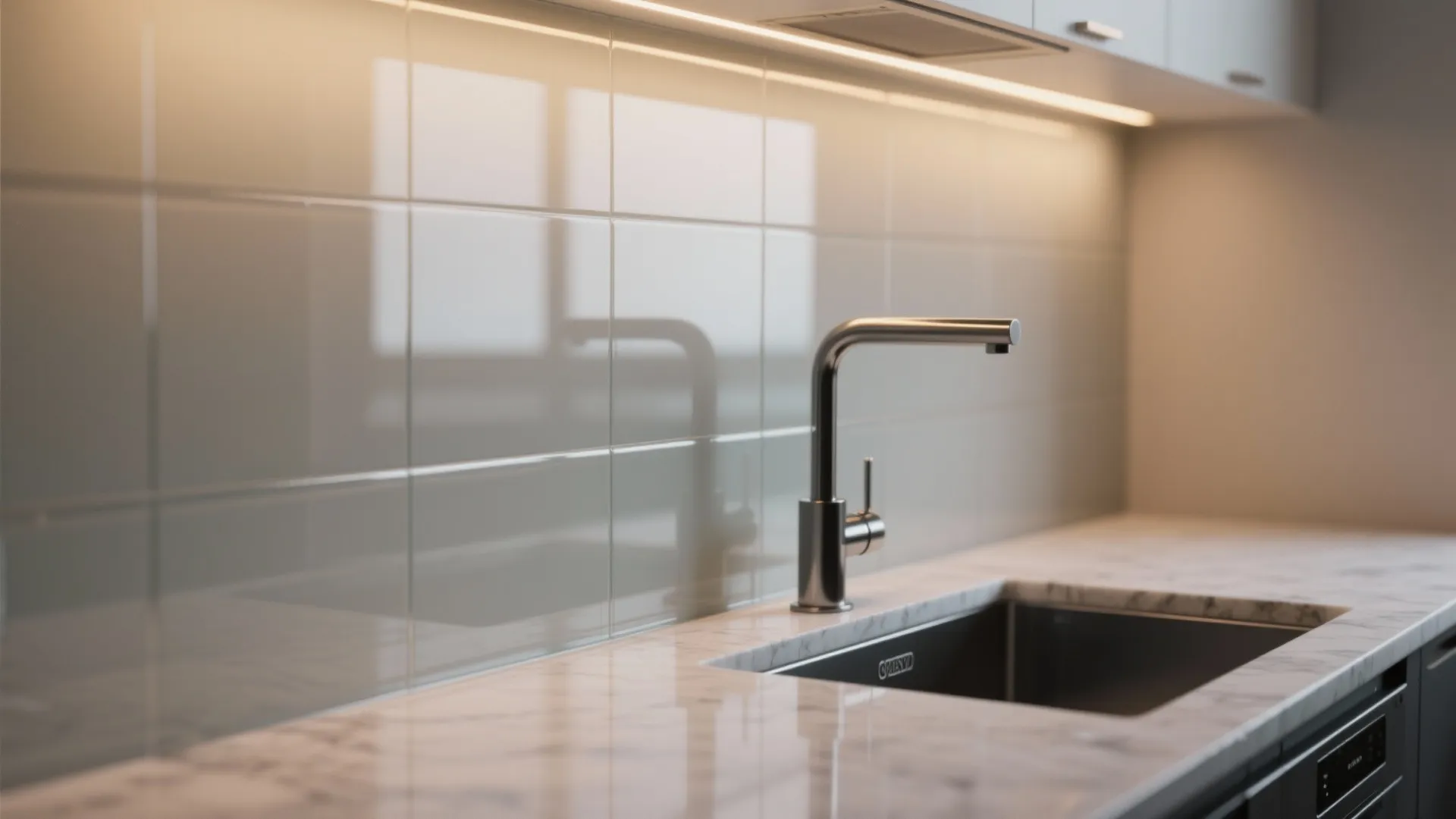 Glass backsplash and reflective layering for light and depth