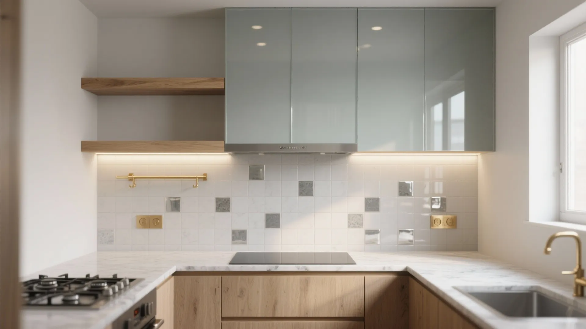 Bright kitchen with wooden lower cabinets glass wall cabinets marble countertop and white square wall tiles