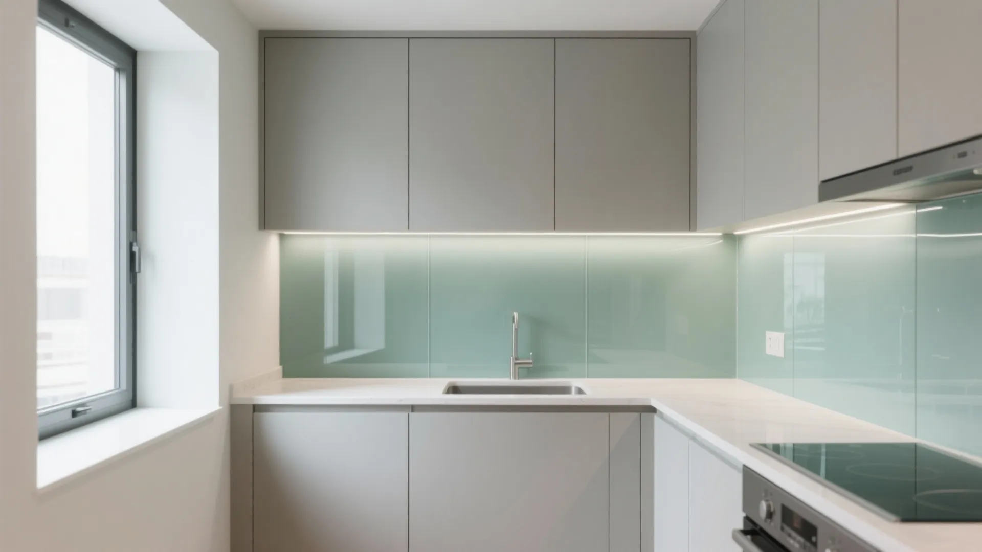 Glass Backsplash and Reflective Paint in a Compact Kitchen
