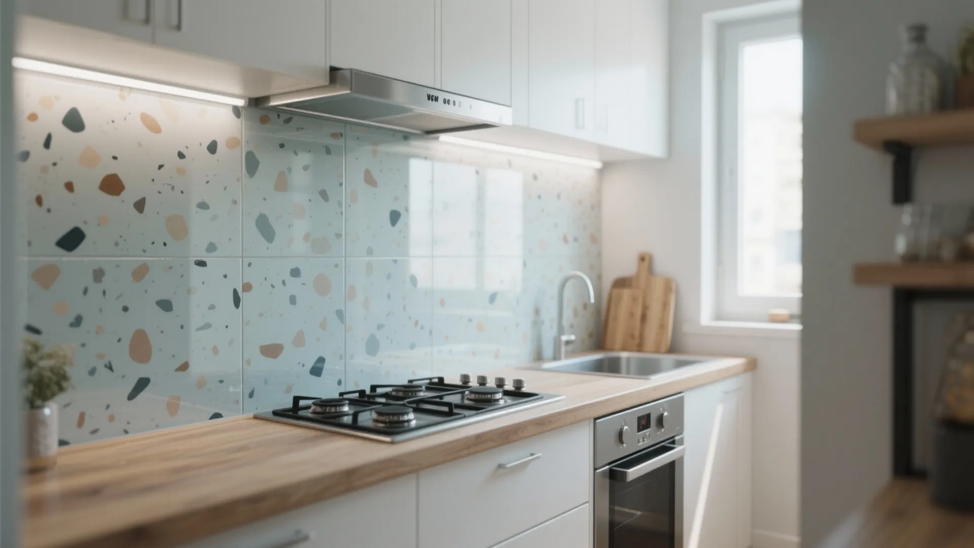 Printed glass backsplash in a tiny kitchen