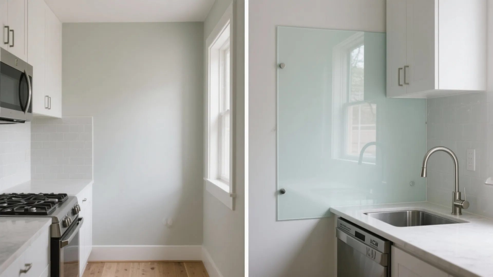 Before and after comparison of a plain kitchen wall versus installing a light green glass