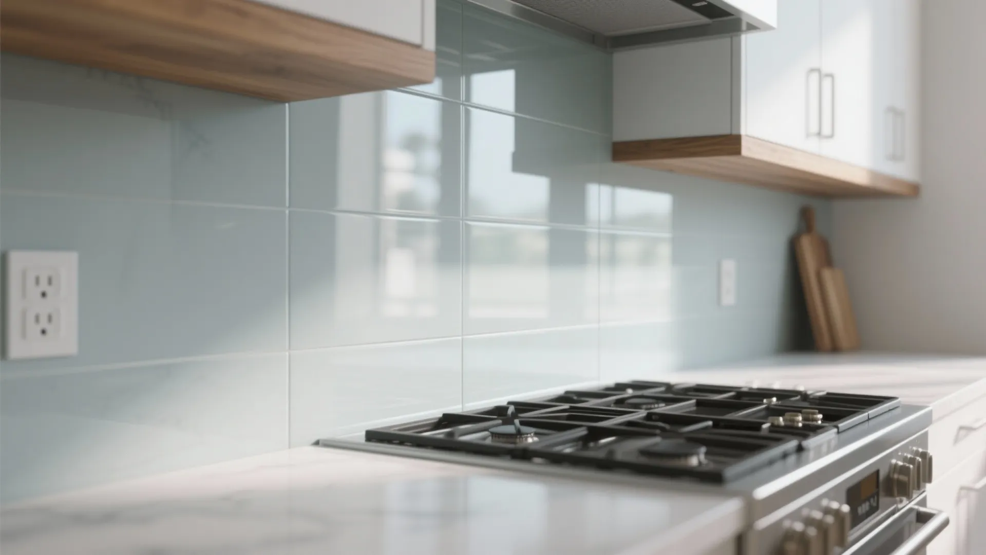 Glass backsplash for brightness and depth