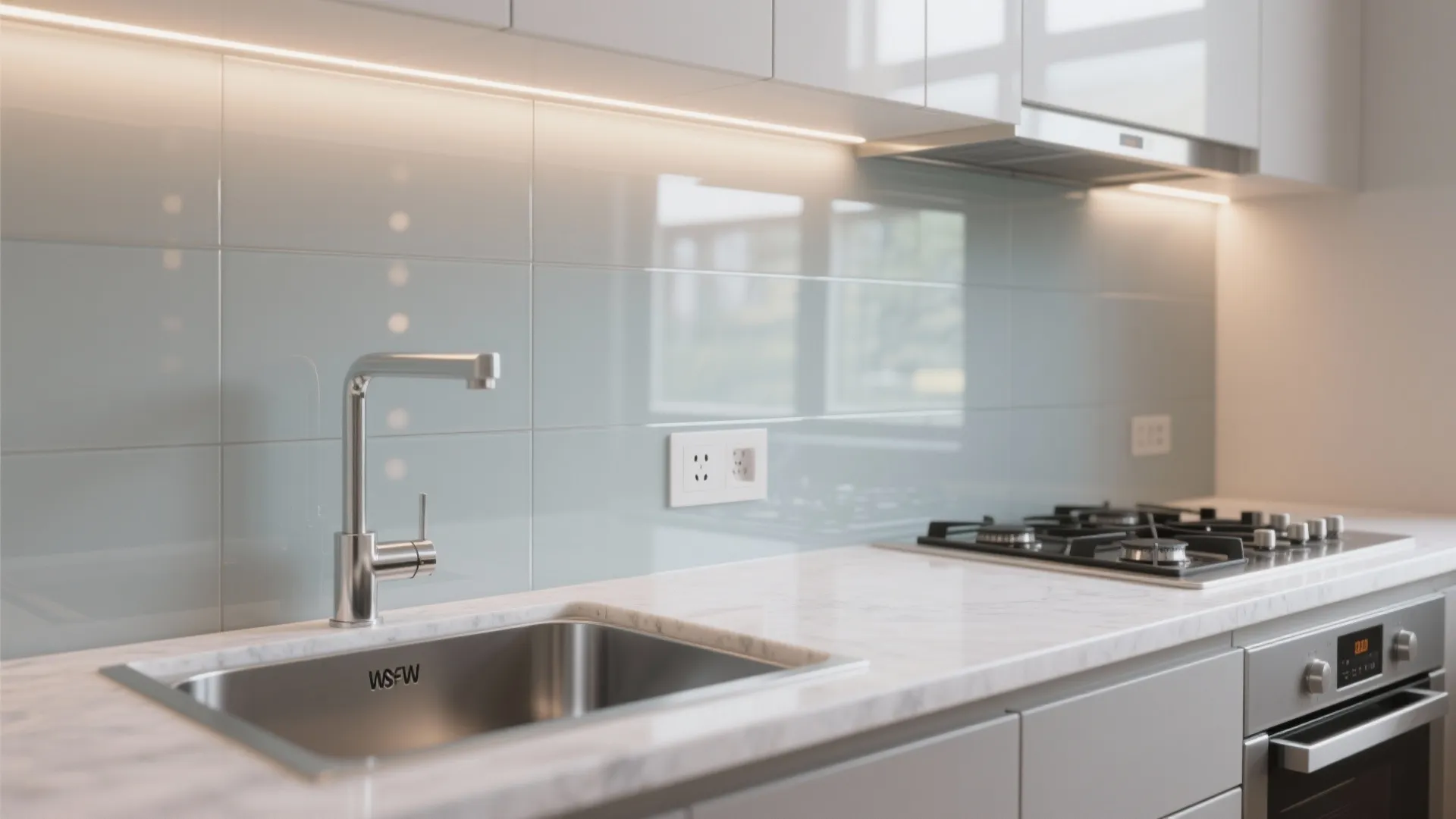 The airy clarity of a glass backsplash