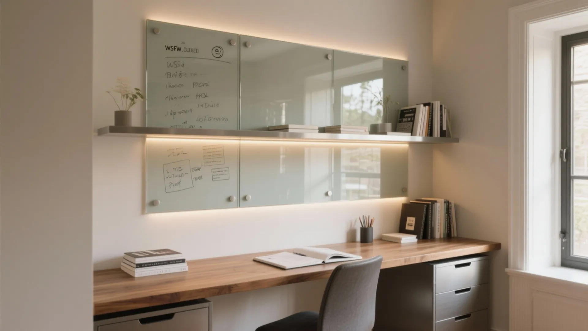Back-painted magnetic glass backsplash behind desk reflecting light, with LED strip and tidy setup