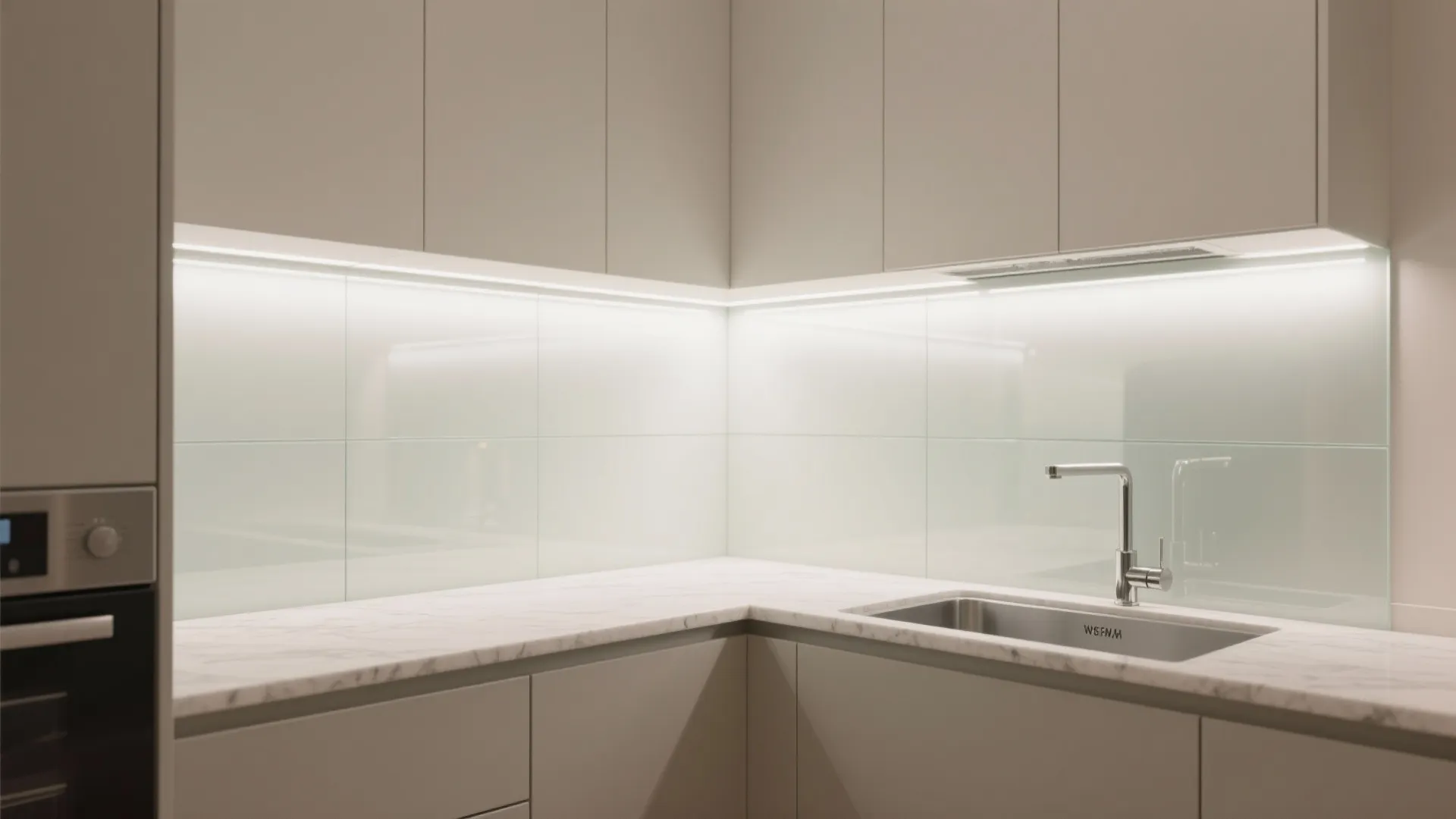 Glass Backsplash and Light-Boosted Cupboard Walls
