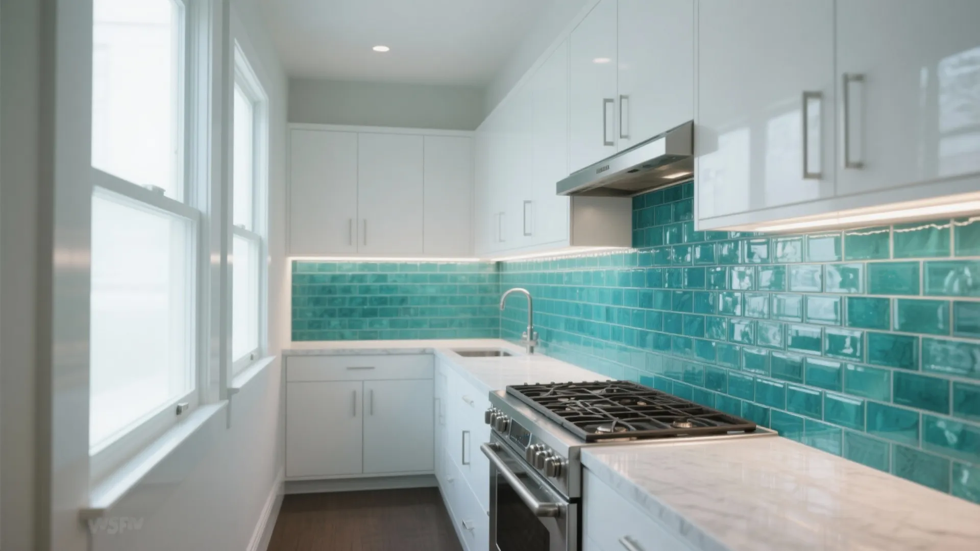 Narrow kitchen with white cabinets shiny teal tiles marble countertop silver stove and bright side windows