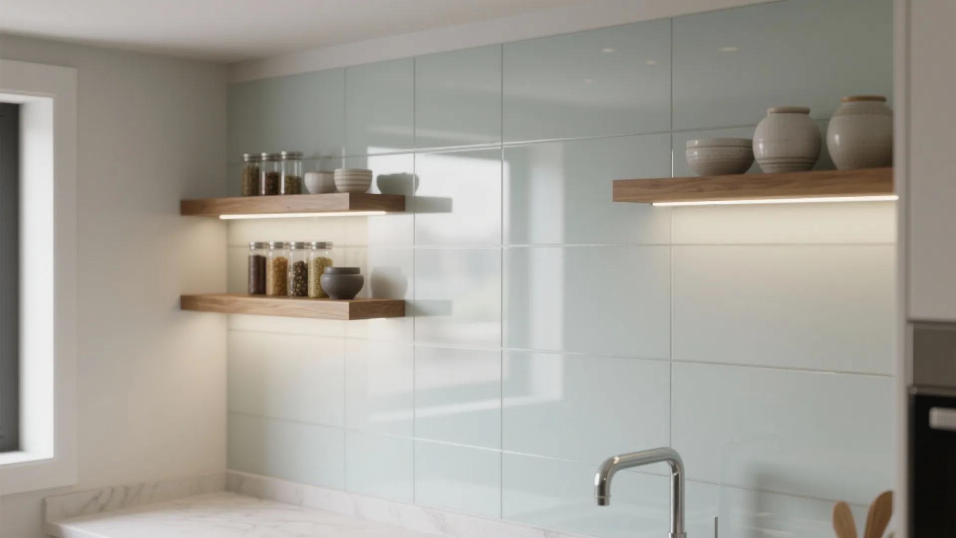 Glass Backsplash Behind Shelves for Airy Lightness