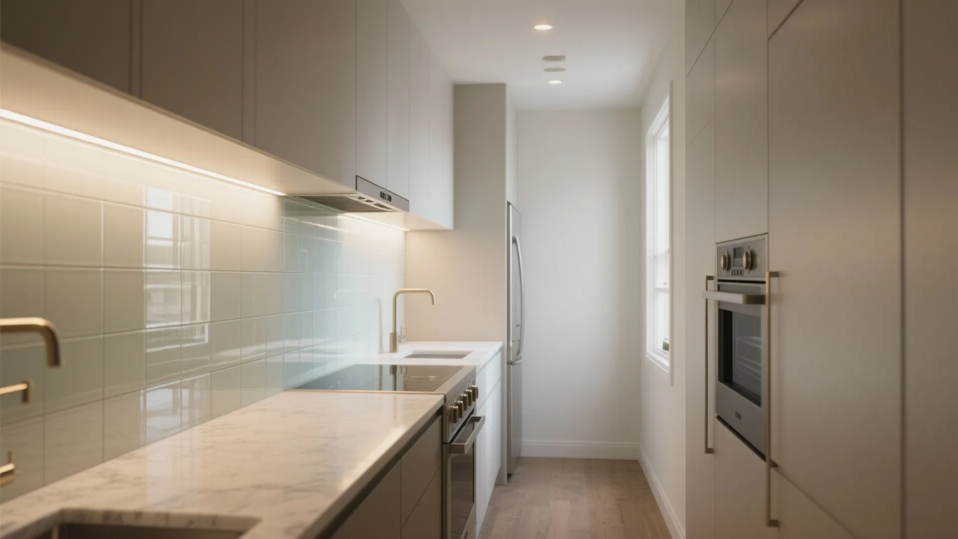Glass Backsplash + Satin Walls for Airy Depth