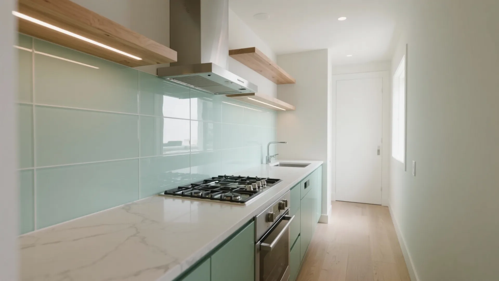 Modern kitchen with light blue glass backsplash white marble countertop wooden shelves and gas stove