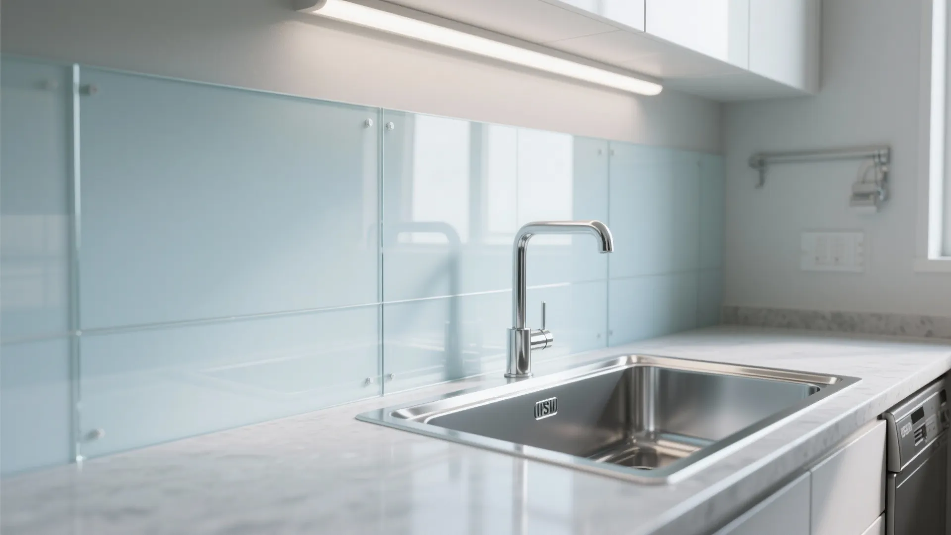 Modern kitchen with blue glass wall panels above a marble counter and stainless steel sink