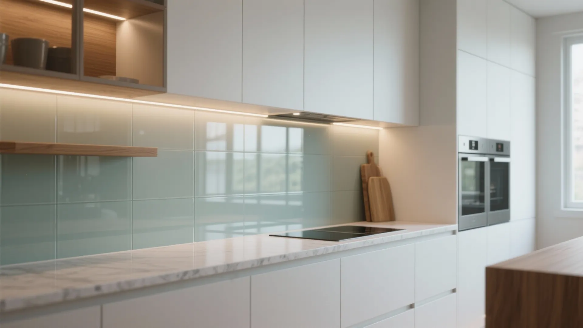 Glass Backsplash and Layered Task Lighting