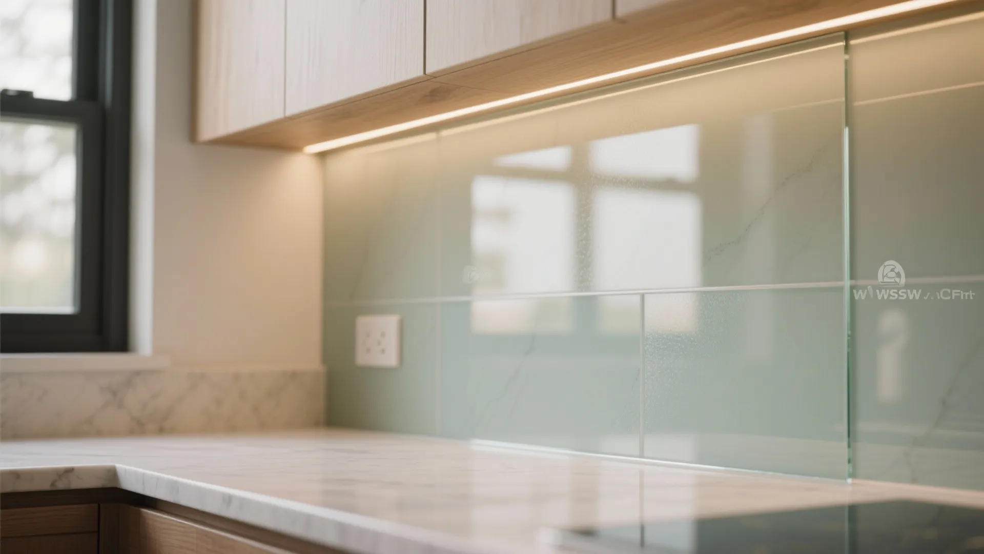 3) Glass backsplash and layered lighting for more depth and glow