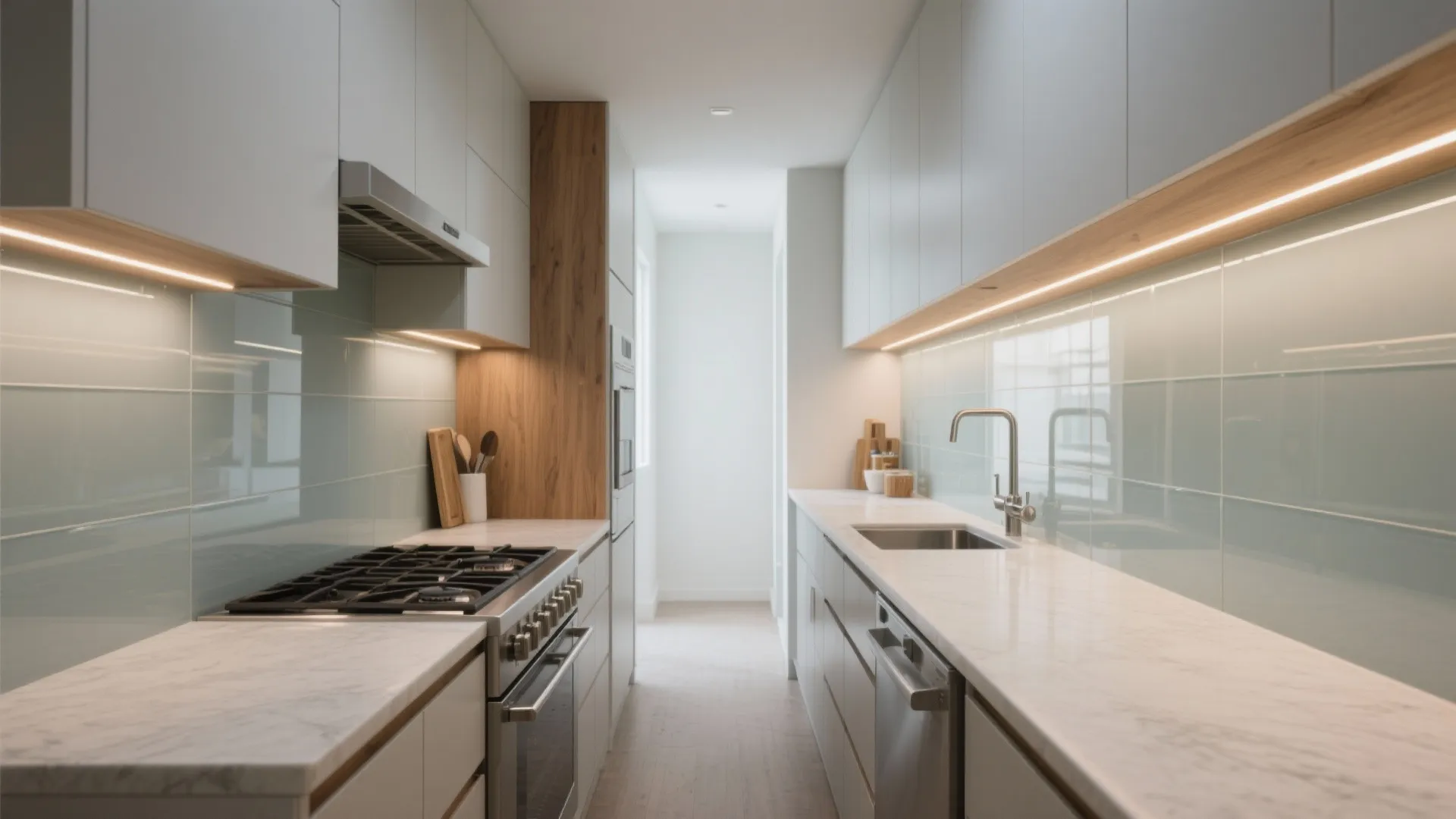 Modern galley kitchen with white cabinets marble countertops glass tile walls and built in oven stove