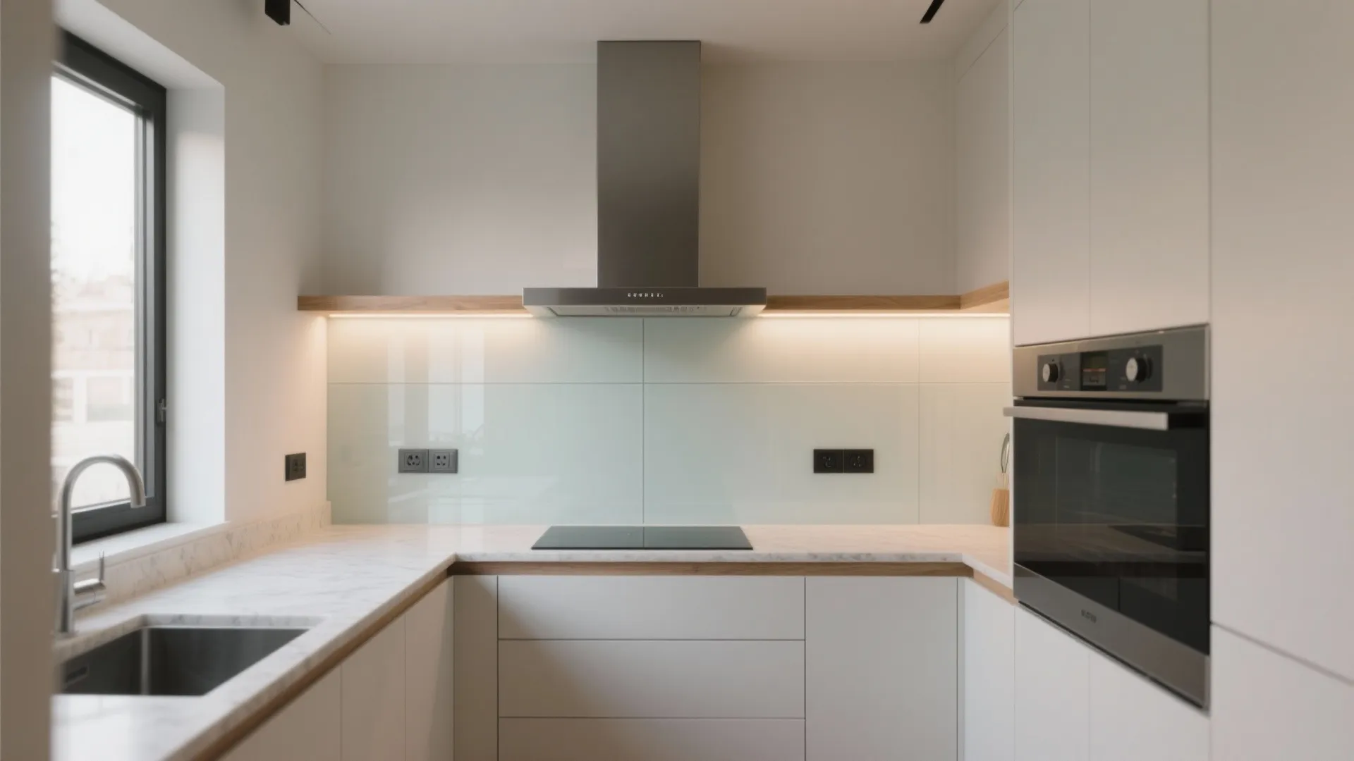 Small kitchen with a seamless soft white glass backsplash reflecting warm under-cabinet light.