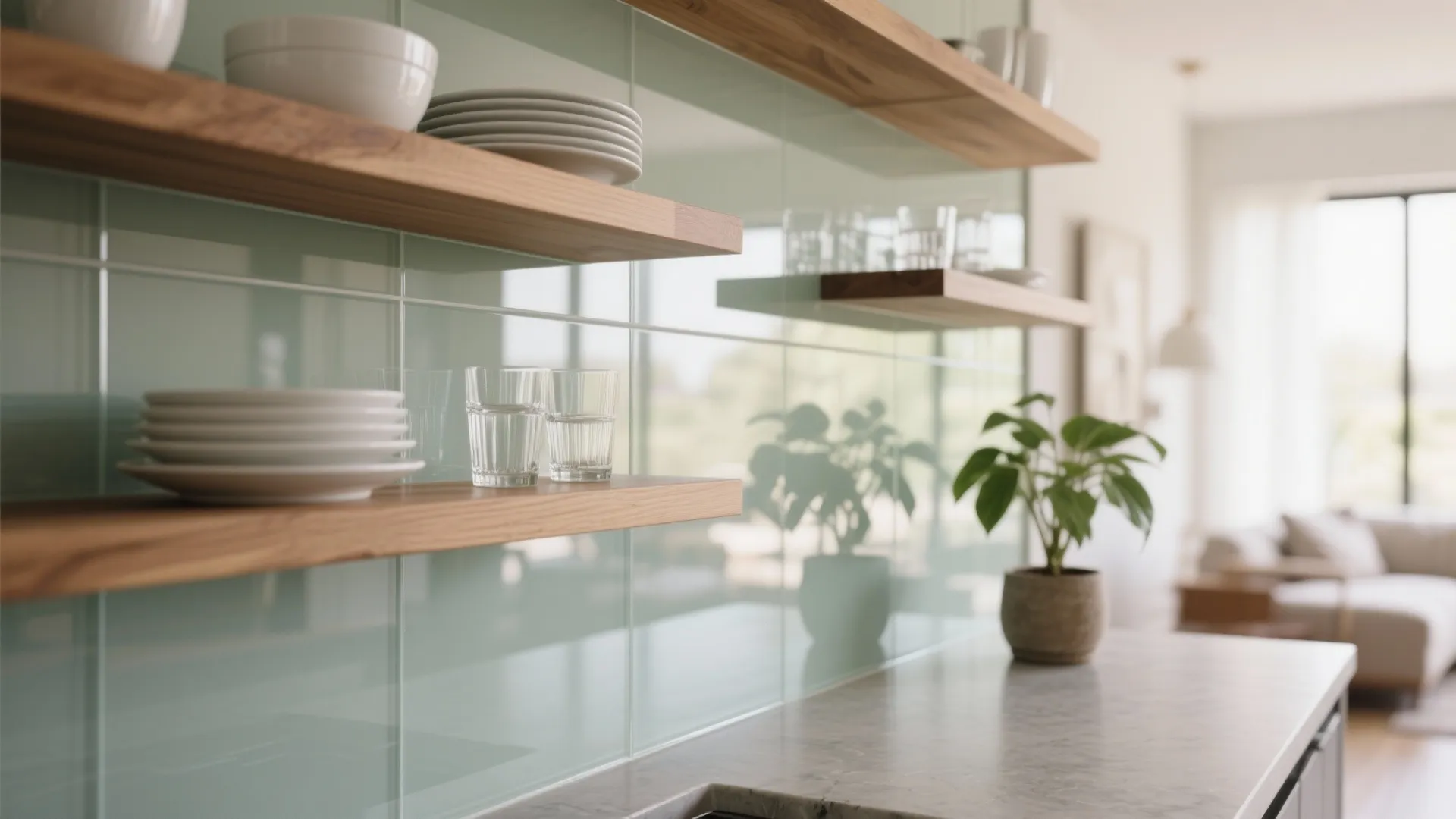 Sightline magic: glass backsplash and airy shelving