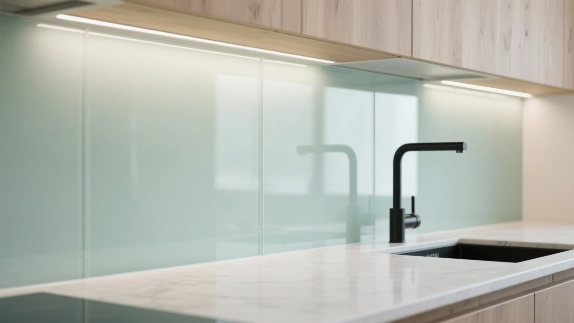 Modern kitchen with green glass backsplash under cabinet light white marble countertop and black faucet