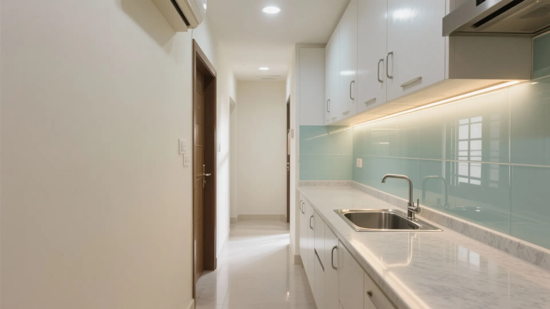 Modern white galley kitchen with blue glass wall panel and marble countertop beside a wooden door