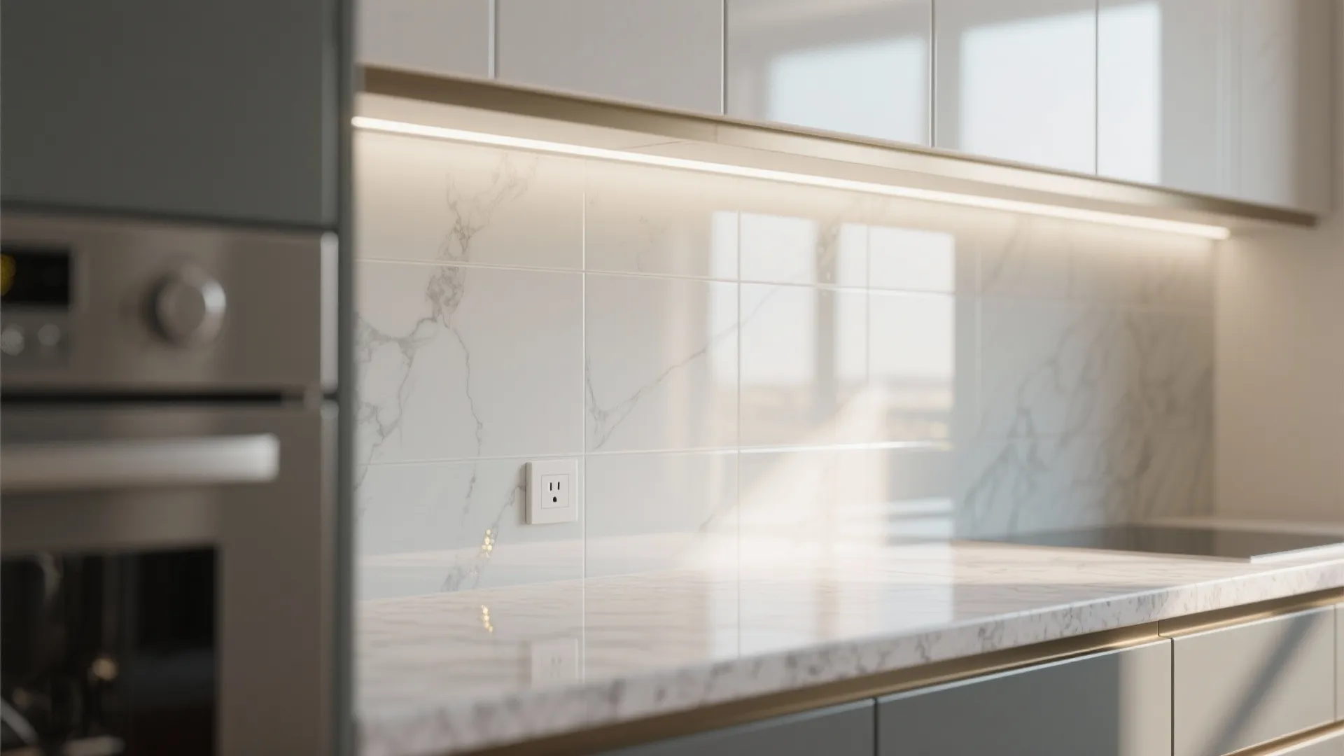Glass backsplash and reflective finishes for light