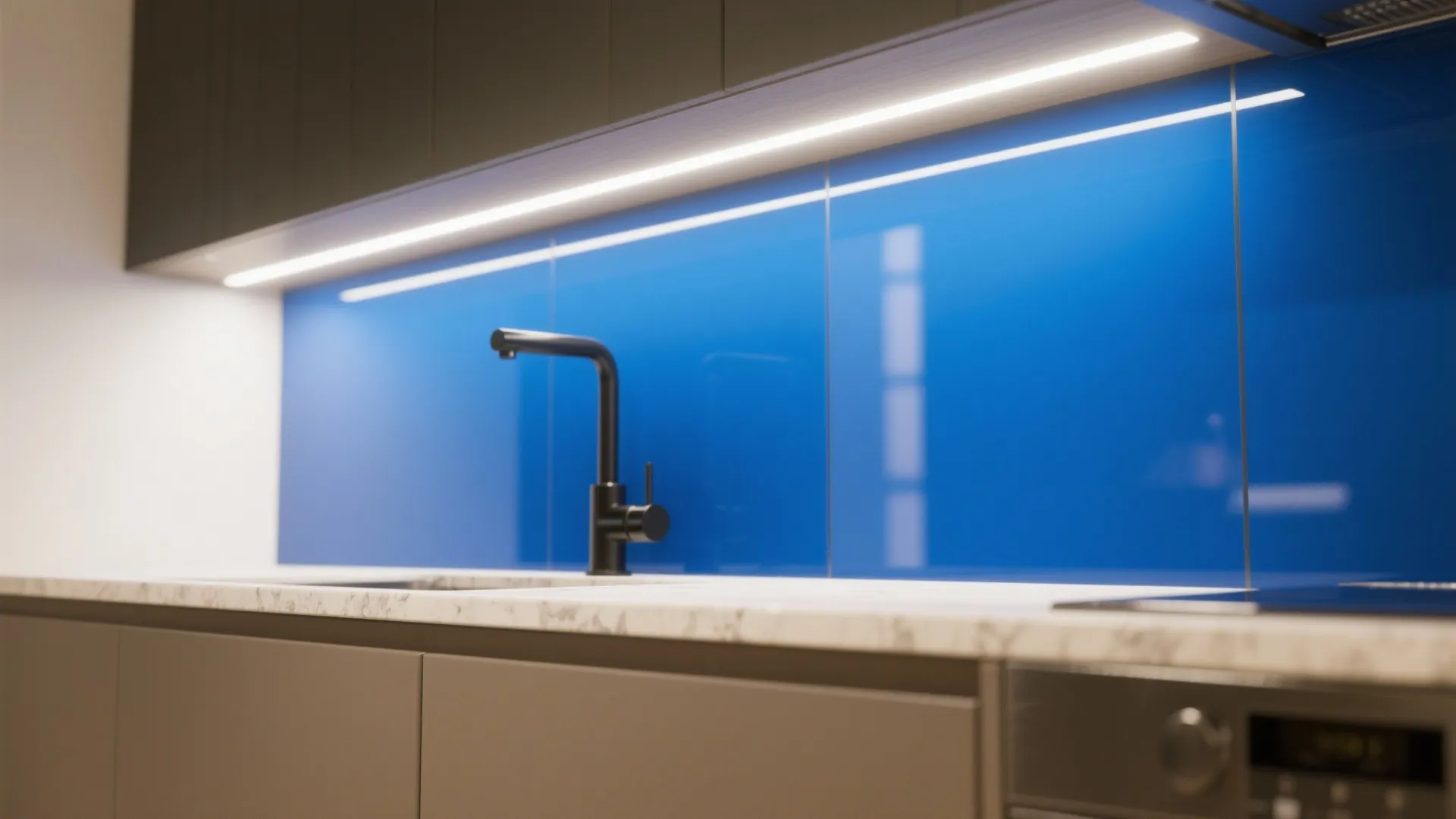 Glass backsplash and reflective touches to open up the kitchen