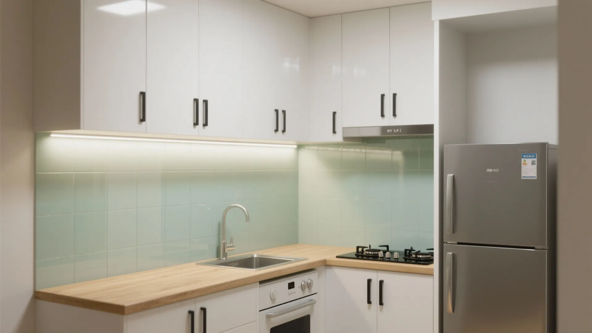 Minimalist kitchen with a glass backsplash