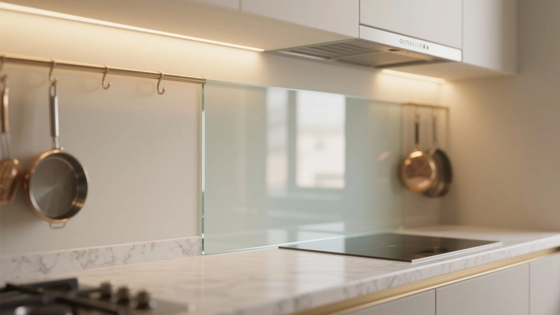 Glass backsplash and reflective finishes to double the light